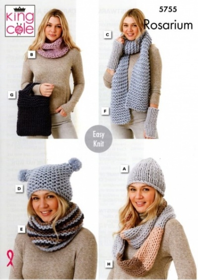King Cole 'Easy Knit' Ladies Hats, Snoods, Wristwarmers, Scarf & Bag Knitting Pattern 5755 - Mega Chunky