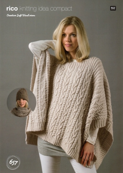 Knitting Pattern Rico 657 Creative Soft Wool Aran Poncho Snood Hat